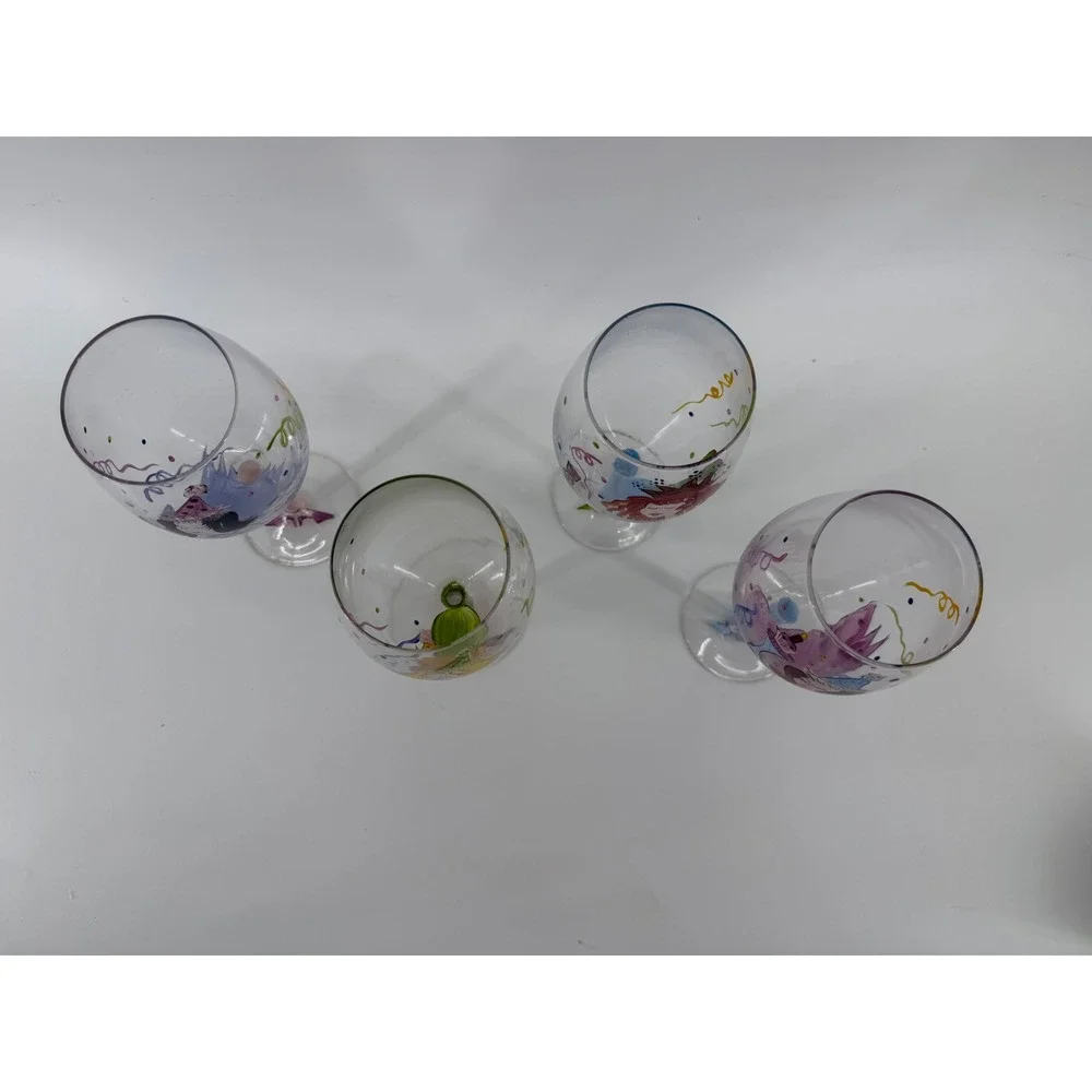 Whimsical Party Girls‎ Hand Painted Wine Glasses Set of 4 Colorful Stemware 9in